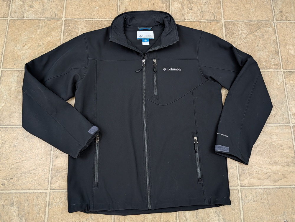Columbia sz L Men's Prime Peak Softshell Jacket black zips omni waterproof 0104